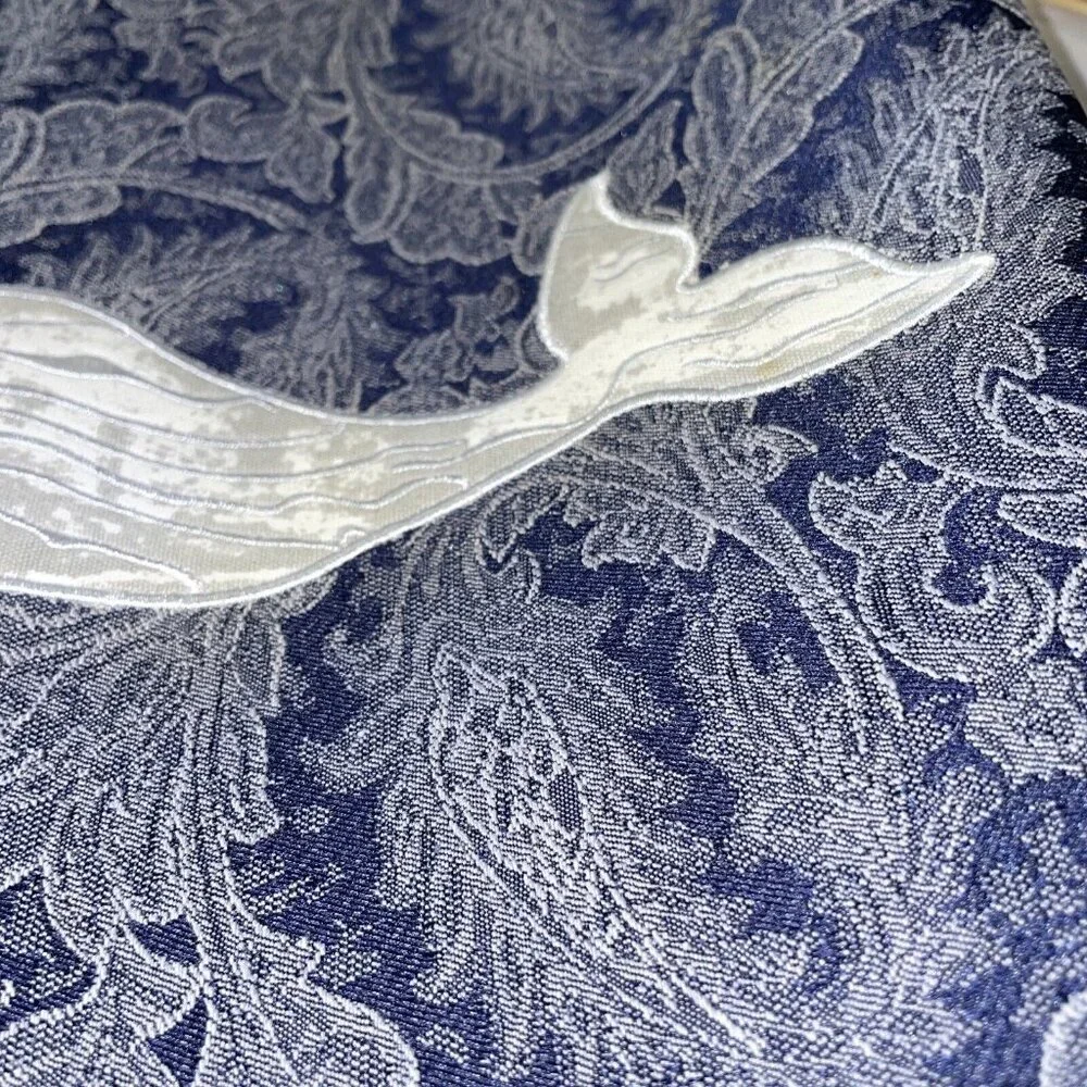 Navy Blue Whale Sea Ocean Waves‎ Chinese Style Table Runner Linen VTG 71”x 14”